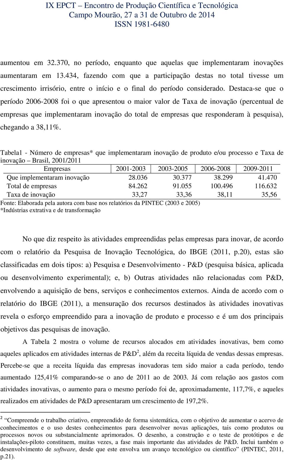 Destaca-se que o período 2006-2008 foi o que apresentou o maior valor de Taxa de inovação (percentual de empresas que implementaram inovação do total de empresas que responderam à pesquisa), chegando