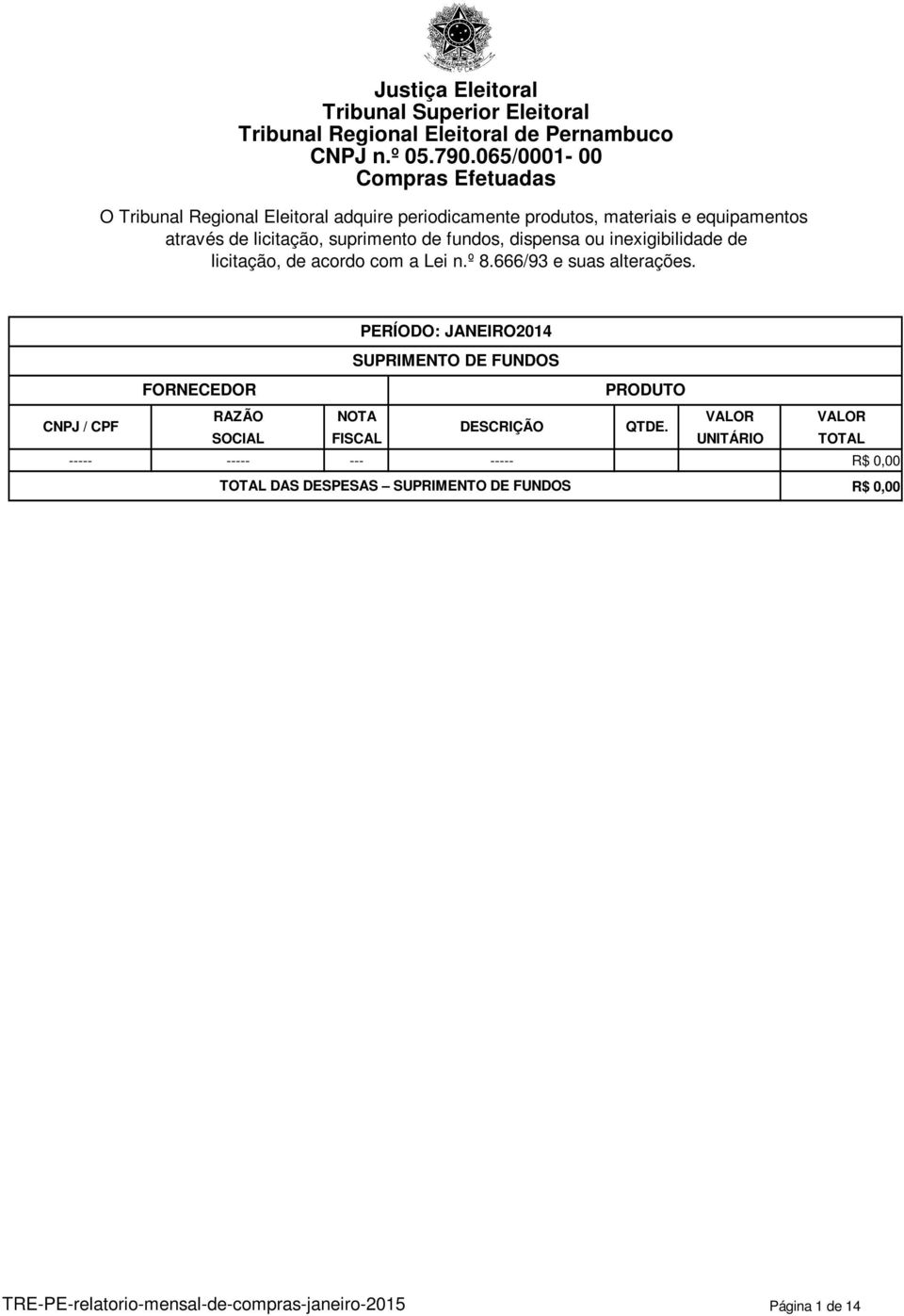 licitação, suprimento de fundos, dispensa ou inexigibilidade de licitação, de acordo com a Lei n.º 8.666/93 e suas alterações.