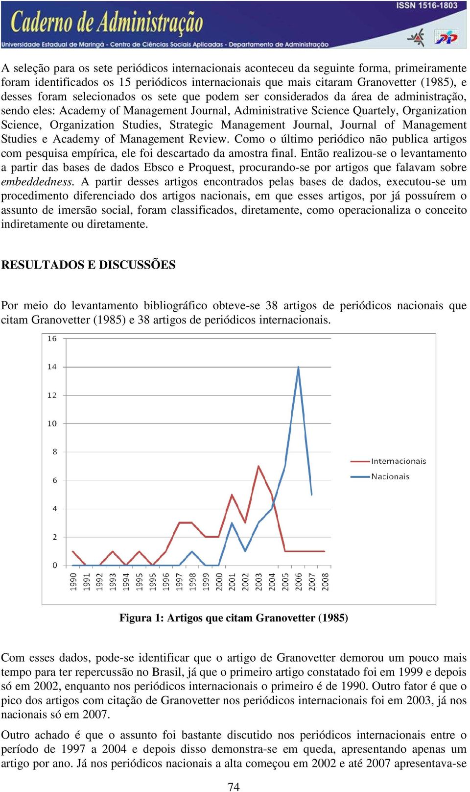 Strategic Management Journal, Journal of Management Studies e Academy of Management Review. Como o último periódico não publica artigos com pesquisa empírica, ele foi descartado da amostra final.