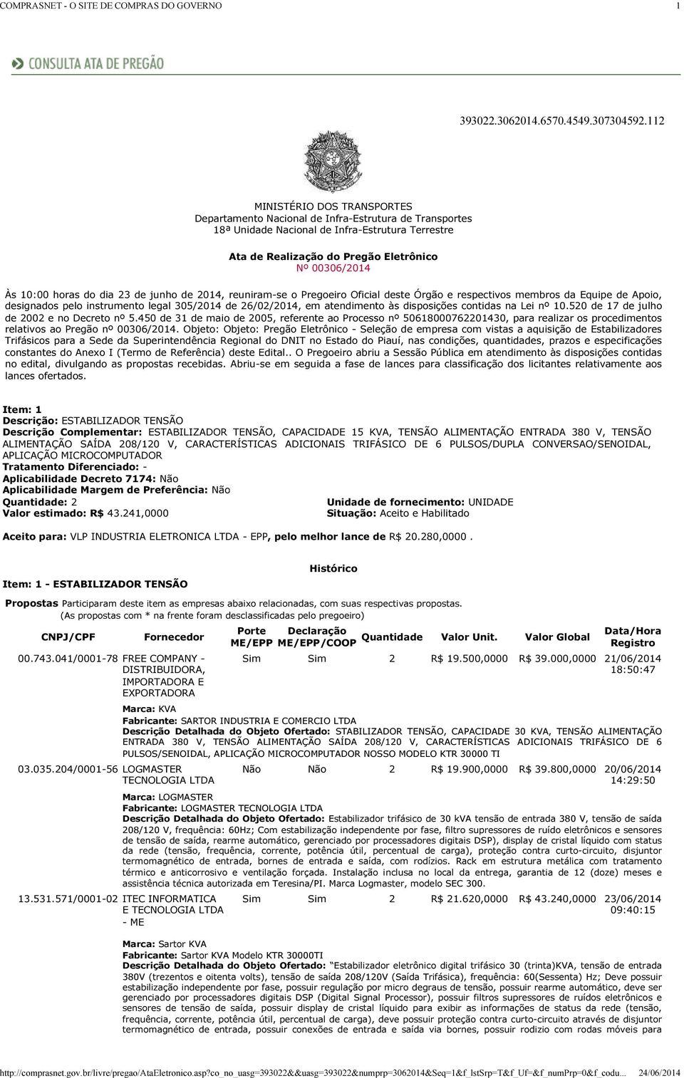 horas do dia 23 de junho de 2014, reuniram-se o Pregoeiro Oficial deste Órgão e respectivos membros da Equipe de Apoio, designados pelo instrumento legal 305/2014 de 26/02/2014, em atendimento às