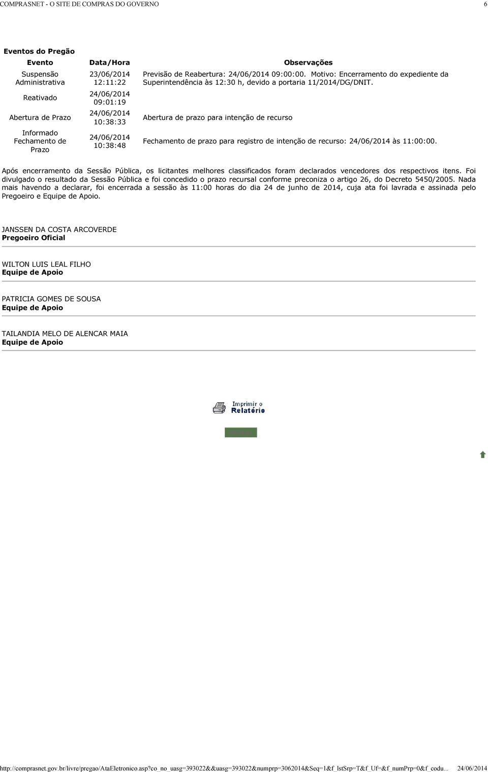 Abertura de prazo para intenção de recurso Fechamento de prazo para registro de intenção de recurso: às 11:00:00.