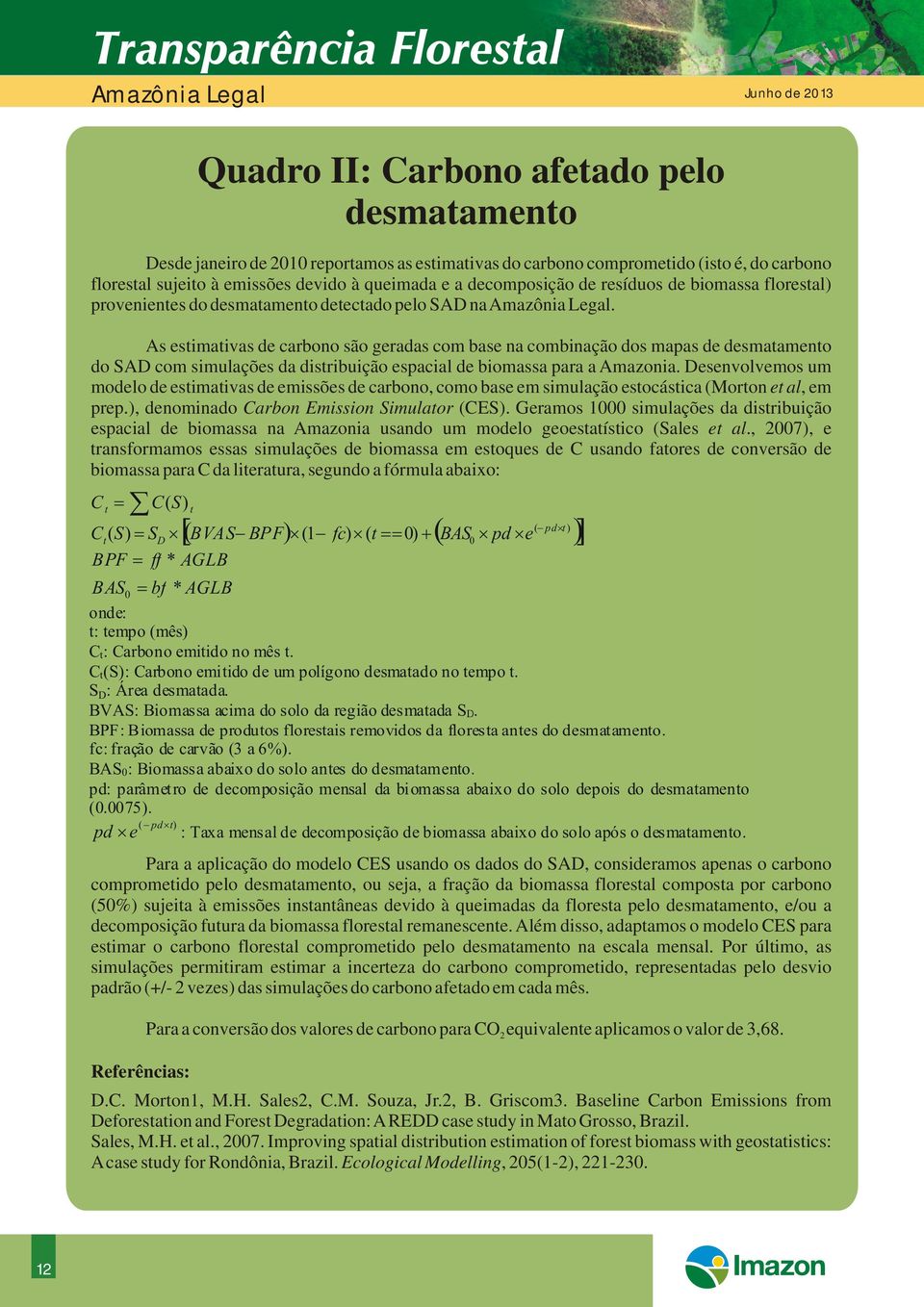 As estimativas de carbono são geradas com base na combinação dos mapas de desmatamento do SAD com simulações da distribuição espacial de biomassa para a Amazonia.