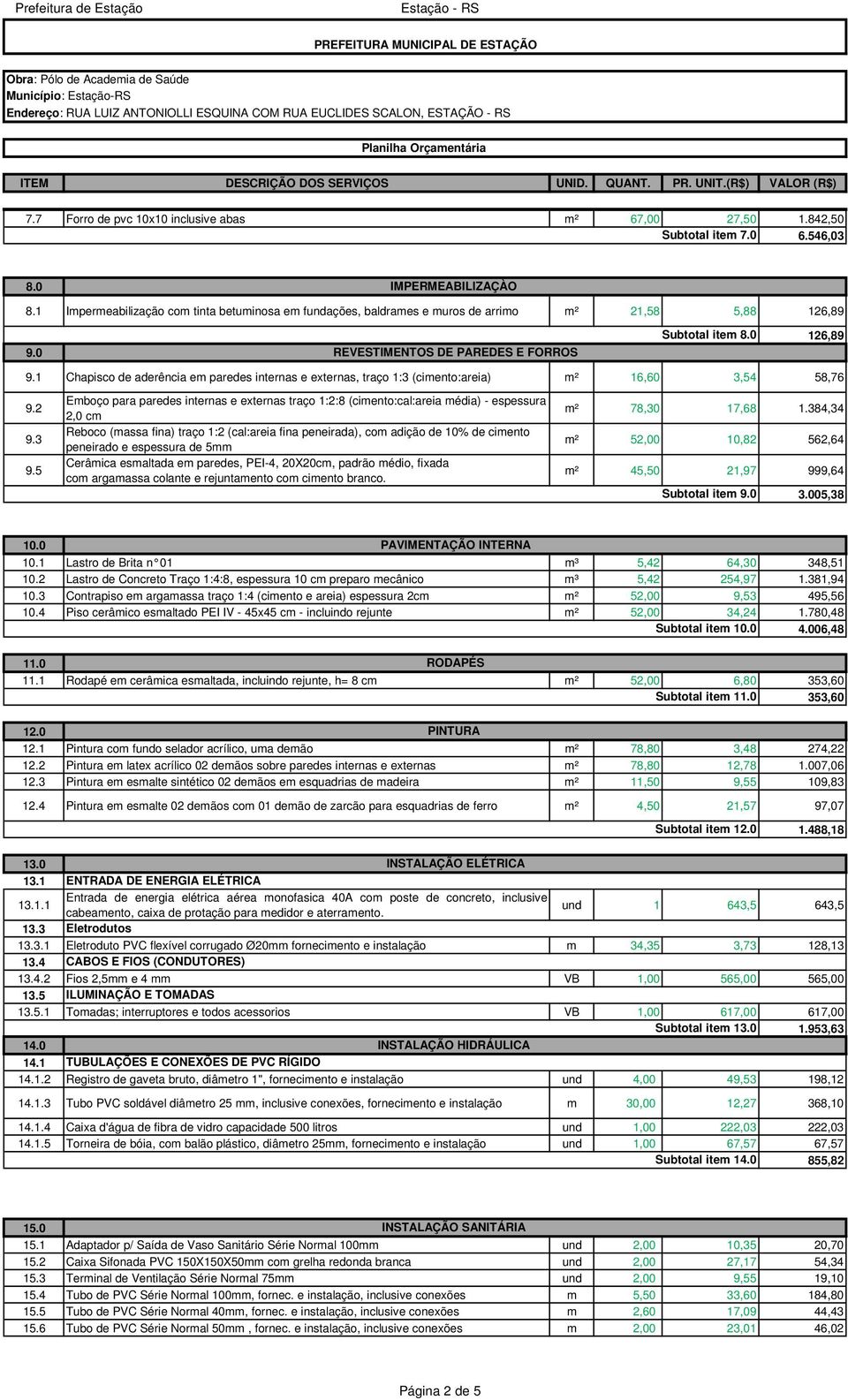 1 Chapisco de aderência em paredes internas e externas, traço 1:3 (cimento:areia) m² 16,60 3,54 58,76 9.2 9.3 9.