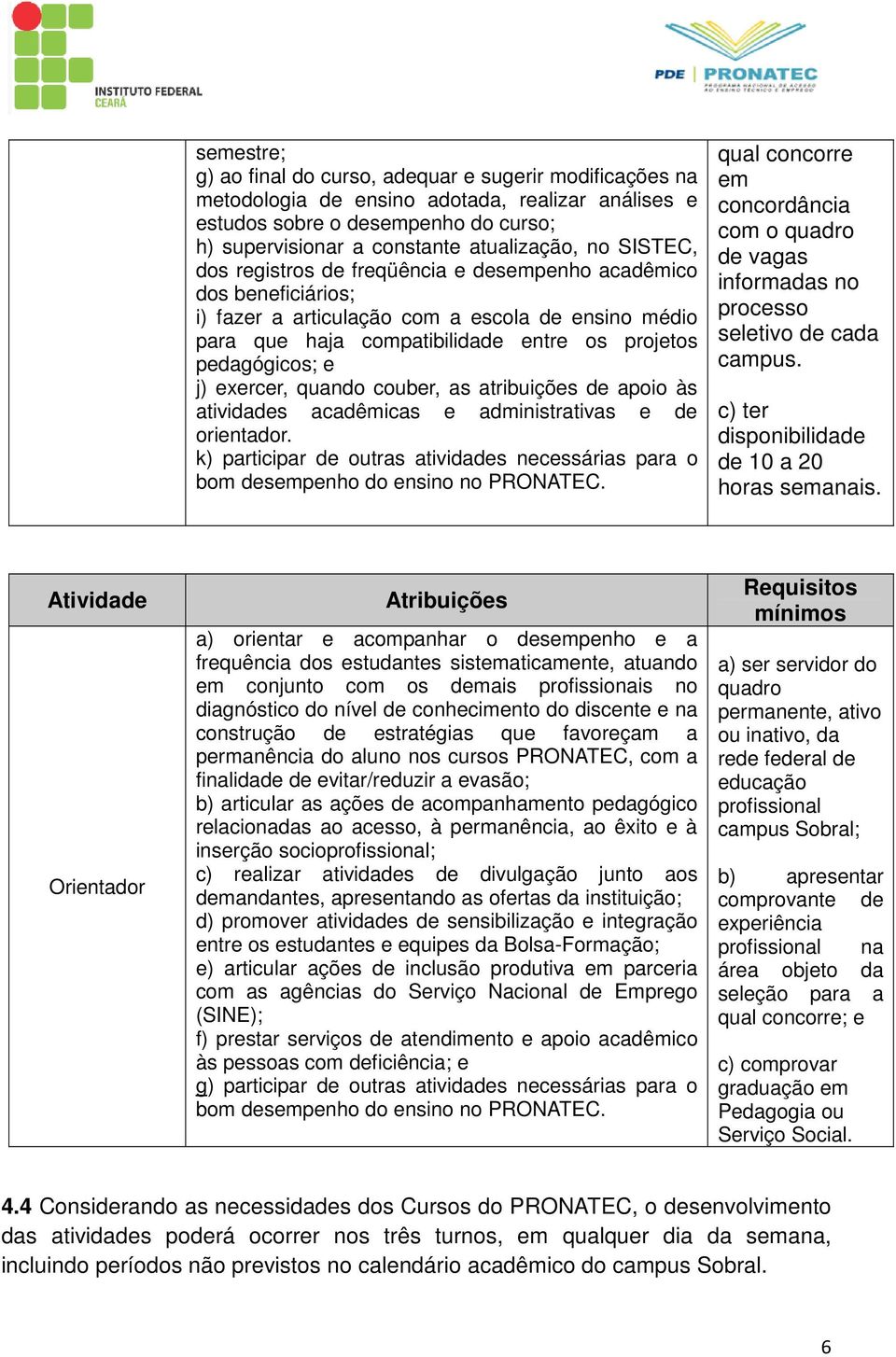 exercer, quando couber, as atribuições de apoio às atividades acadêmicas e administrativas e de orientador. k) participar de outras atividades necessárias para o bom desempenho do ensino no PRONATEC.