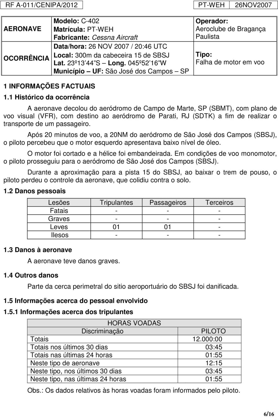 1 Histórico da ocorrência A aeronave decolou do aeródromo de Campo de Marte, SP (SBMT), com plano de voo visual (VFR), com destino ao aeródromo de Parati, RJ (SDTK) a fim de realizar o transporte de