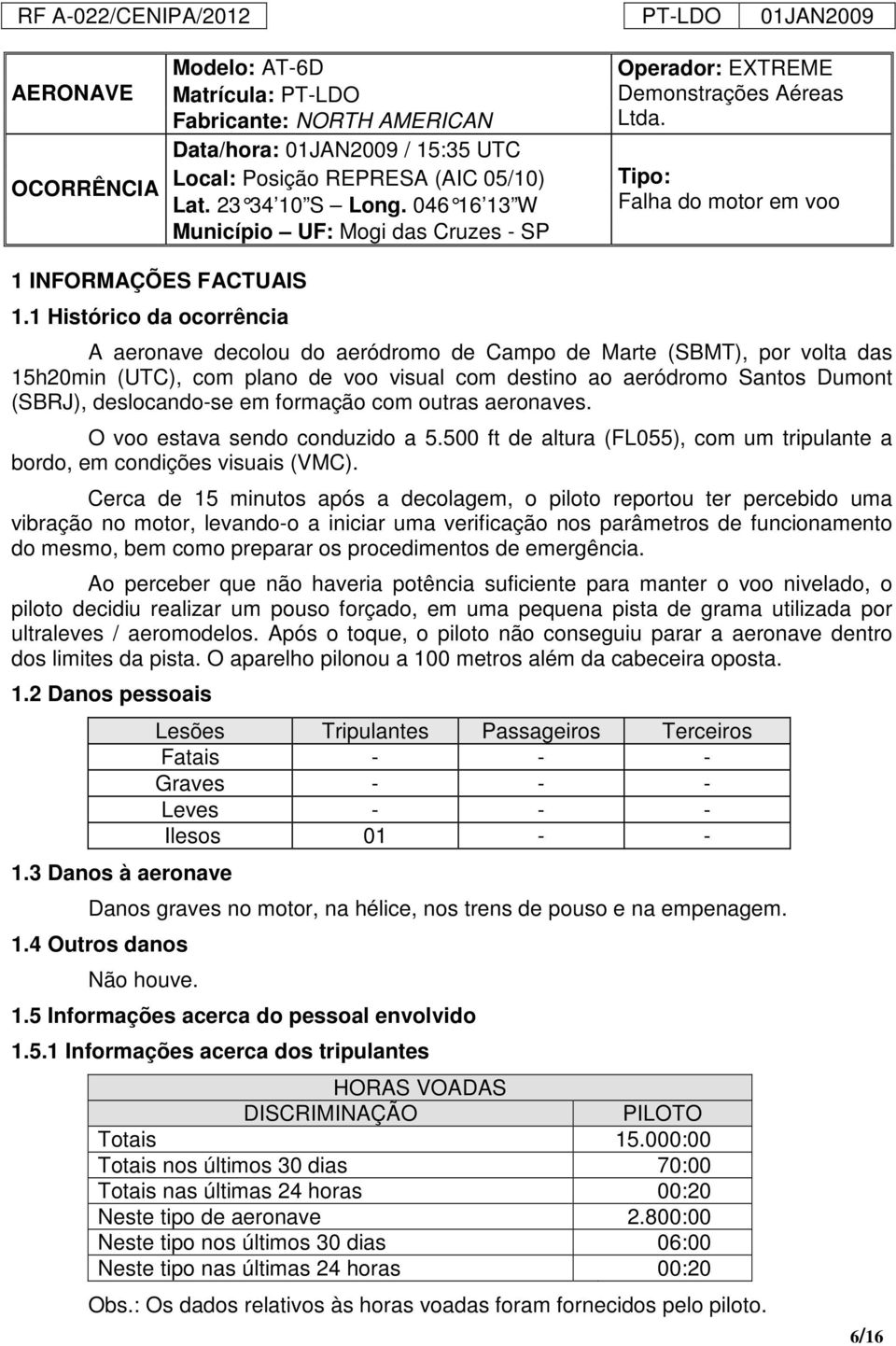 1 Histórico da ocorrência A aeronave decolou do aeródromo de Campo de Marte (SBMT), por volta das 15h20min (UTC), com plano de voo visual com destino ao aeródromo Santos Dumont (SBRJ), deslocando-se