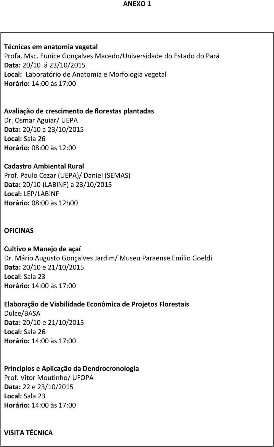 plantadas Dr. Osmar Aguiar/ UEPA Data: 20/10 a 23/10/2015 Local: Sala 26 Horário: 08:00 às 12:00 Cadastro Ambiental Rural Prof.