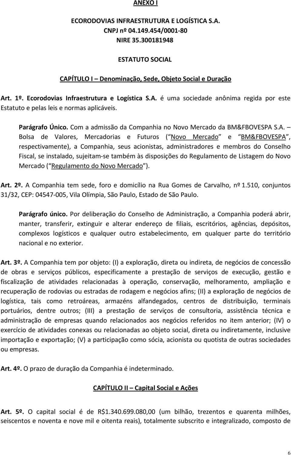 Com a admissão da Companhia no Novo Mercado da BM&FBOVESPA 