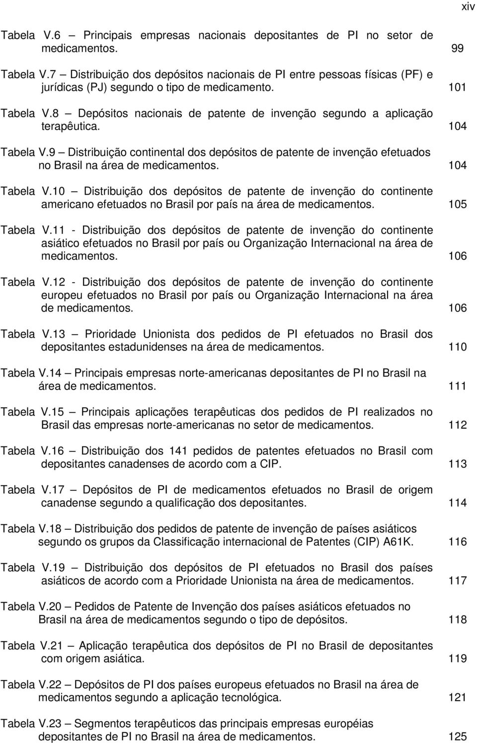 8 Depósitos nacionais de patente de invenção segundo a aplicação terapêutica. 104 Tabela V.9 Distribuição continental dos depósitos de patente de invenção efetuados no Brasil na área de medicamentos.