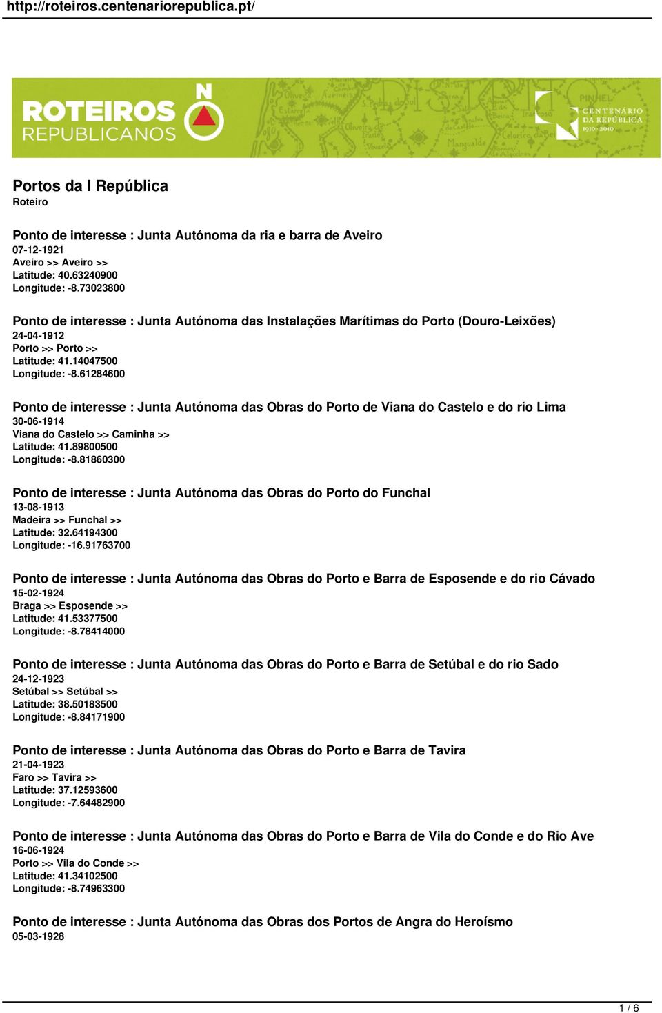 61284600 Ponto de interesse : Junta Autónoma das Obras do Porto de Viana do Castelo e do rio Lima 30-06-1914 Viana do Castelo >> Caminha >> Latitude: 41.89800500 Longitude: -8.