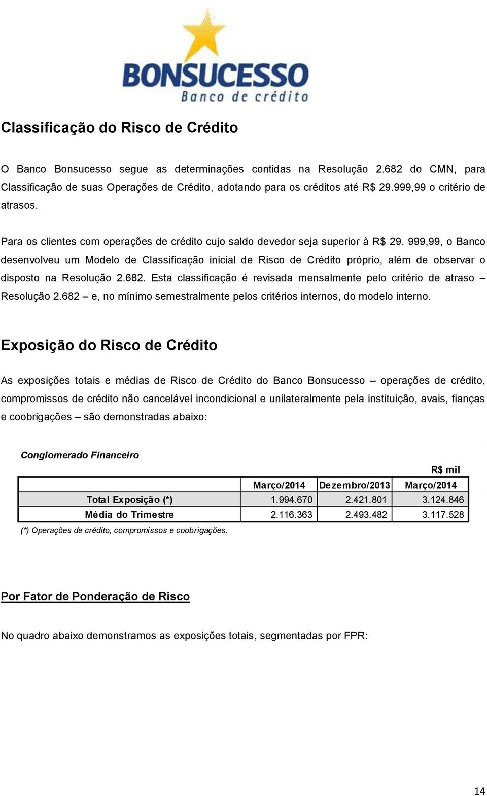 999,99, o Banco desenvolveu um Modelo de Classificação inicial de Risco de Crédito próprio, além de observar o disposto na Resolução 2.682.