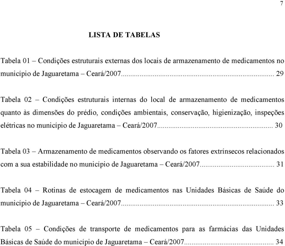 município de Jaguaretama Ceará/2007... 30 Tabela 03 Armazenamento de medicamentos observando os fatores extrínsecos relacionados com a sua estabilidade no município de Jaguaretama Ceará/2007.