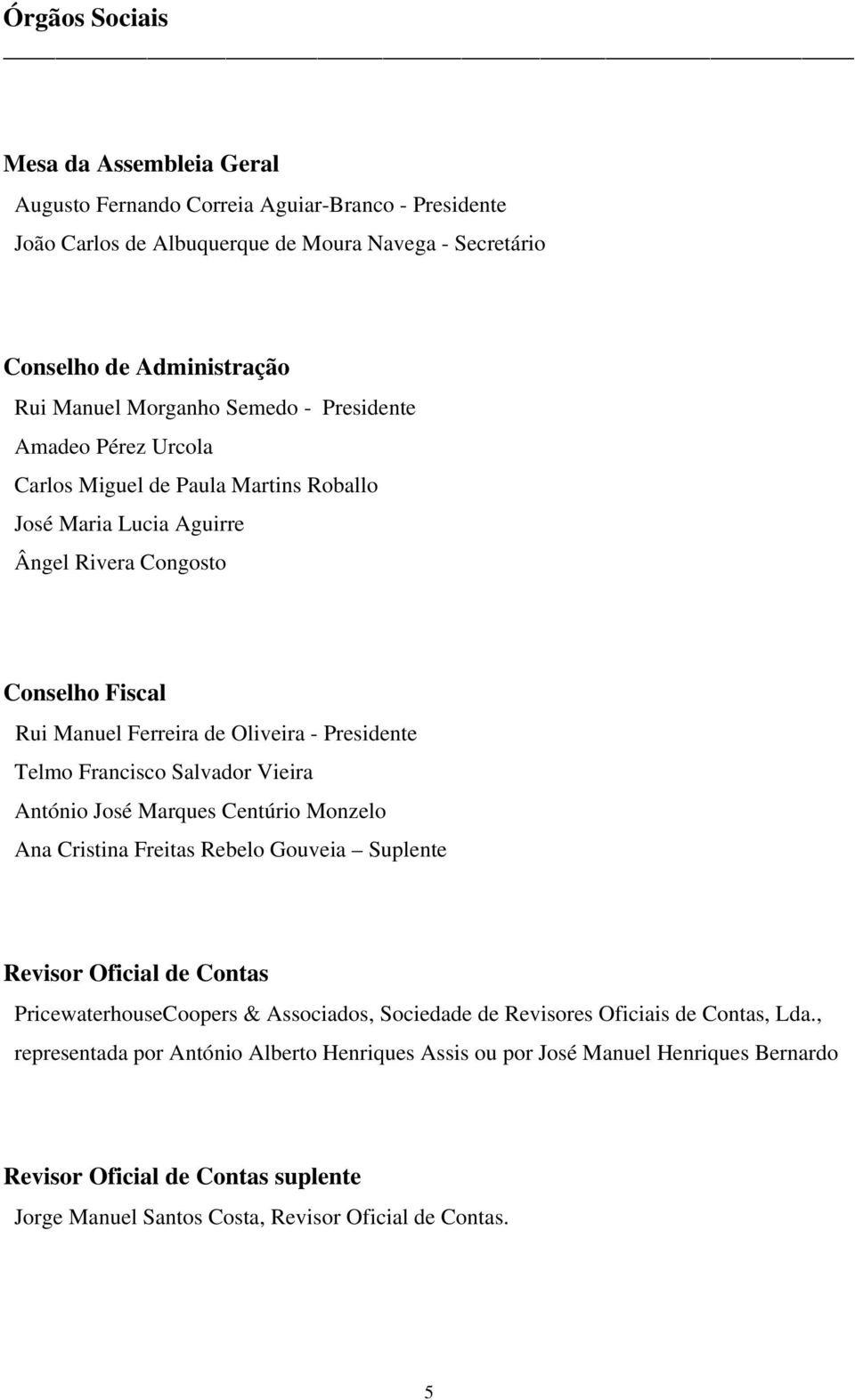 Francisco Salvador Vieira António José Marques Centúrio Monzelo Ana Cristina Freitas Rebelo Gouveia Suplente Revisor Oficial de Contas PricewaterhouseCoopers & Associados, Sociedade de Revisores