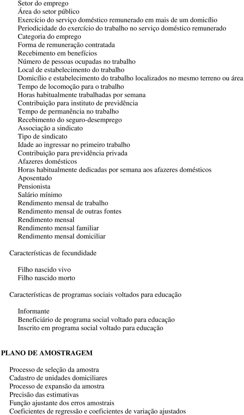 terreno ou área Tempo de locomoção para o trabalho Horas habitualmente trabalhadas por semana Contribuição para instituto de previdência Tempo de permanência no trabalho Recebimento do