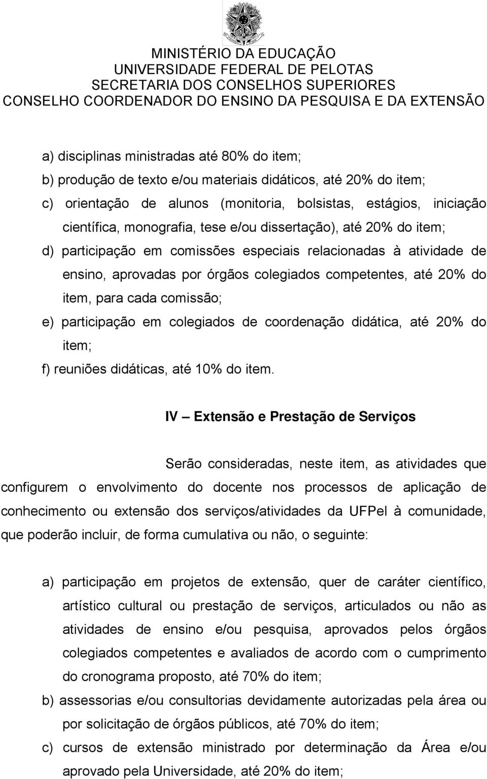 e) participação em colegiados de coordenação didática, até 20% do item; f) reuniões didáticas, até 10% do item.