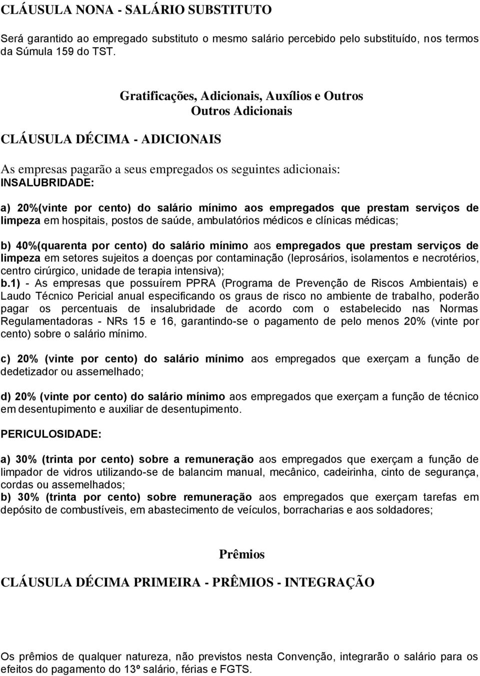 salário mínimo aos empregados que prestam serviços de limpeza em hospitais, postos de saúde, ambulatórios médicos e clínicas médicas; b) 40%(quarenta por cento) do salário mínimo aos empregados que