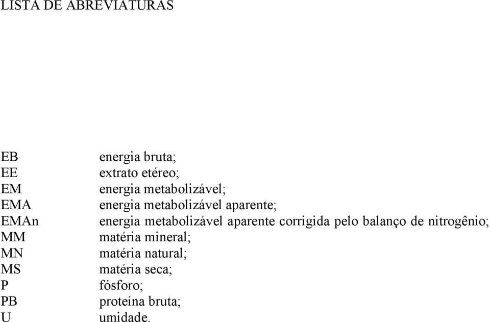 energia metabolizável aparente corrigida pelo balanço de nitrogênio;