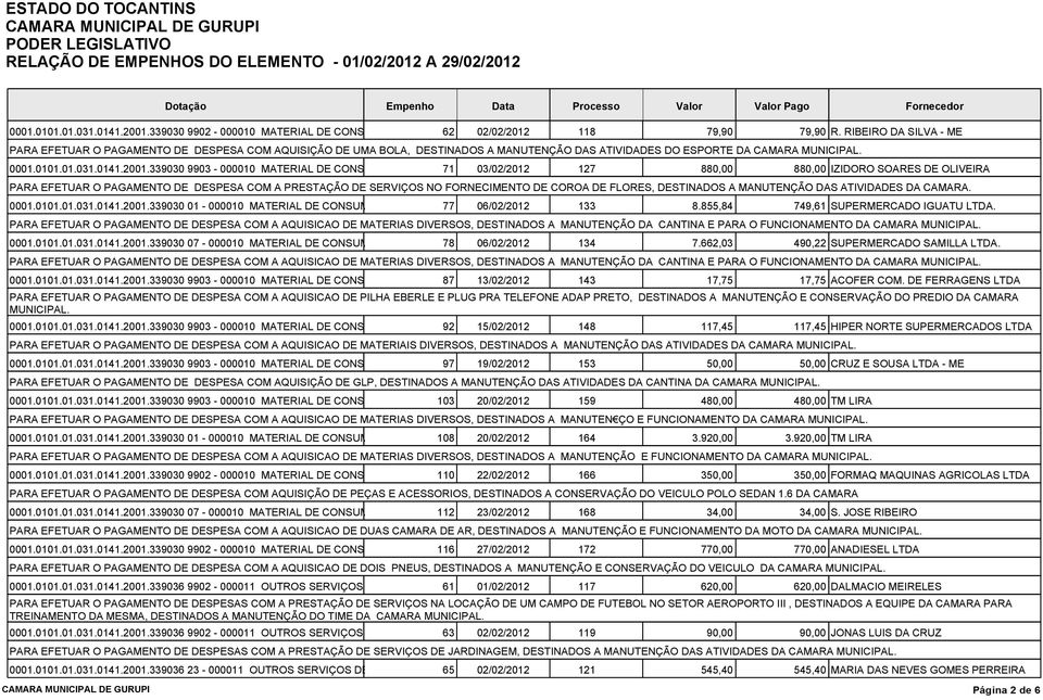 339030 9903-000010 MATERIAL DE CONSUMO 71 03/02/2012 127 880,00 880,00 IZIDORO SOARES DE OLIVEIRA PARA EFETUAR O PAGAMENTO DE DESPESA COM A PRESTAÇÃO DE SERVIÇOS NO FORNECIMENTO DE COROA DE FLORES,