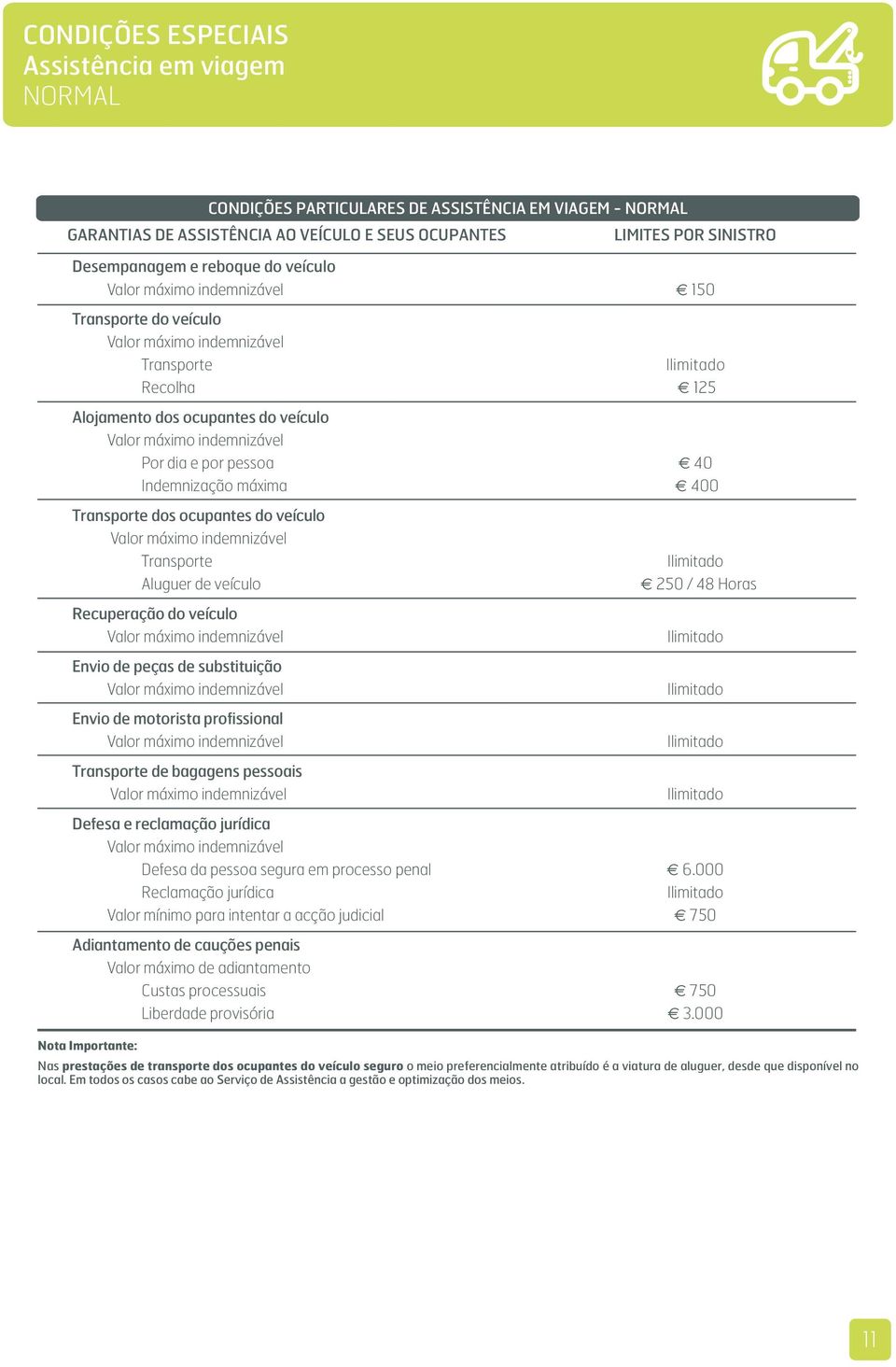 do veículo Envio de peças de substituição Envio de motorista profissional Transporte de bagagens pessoais Defesa e reclamação jurídica Defesa da pessoa segura em processo penal 6.