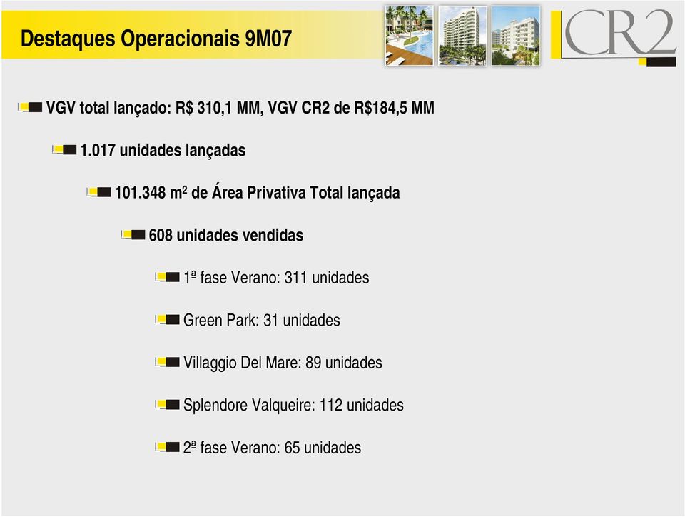 348 m 2 de Área Privativa Total lançada 608 unidades vendidas 1ª fase Verano: