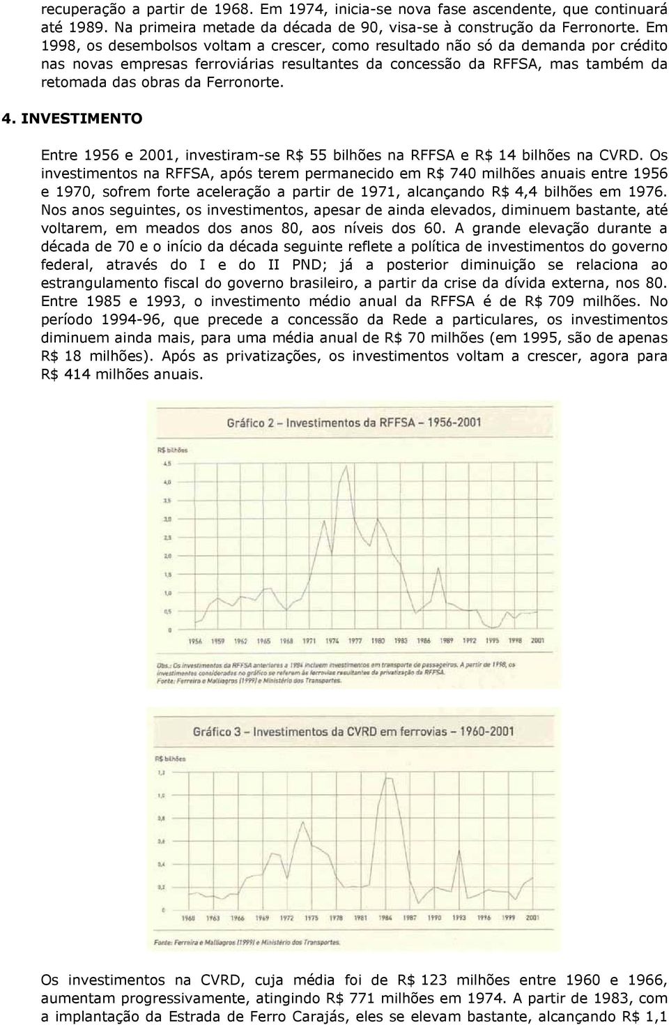 Ferronorte. 4. INVESTIMENTO Entre 1956 e 2001, investiram-se R$ 55 bilhões na RFFSA e R$ 14 bilhões na CVRD.