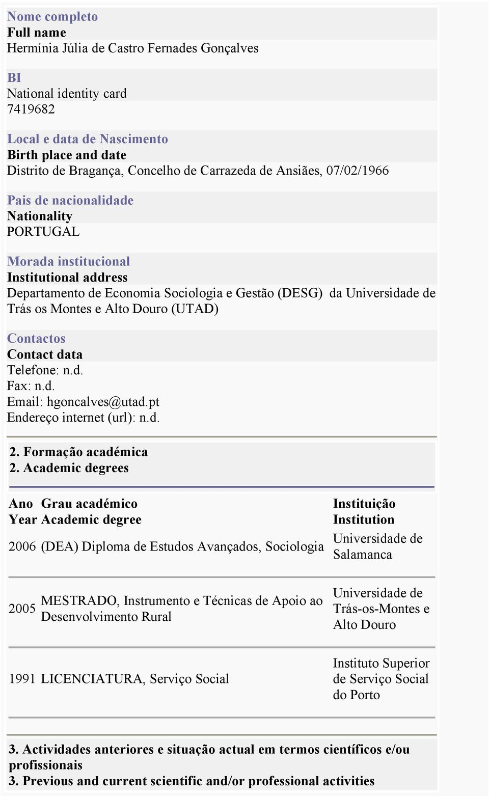 Douro (UTAD) Contactos Contact data Telefone: n.d. Fax: n.d. Email: hgoncalves@utad.pt Endereço internet (url): n.d. 2. Formação académica 2.