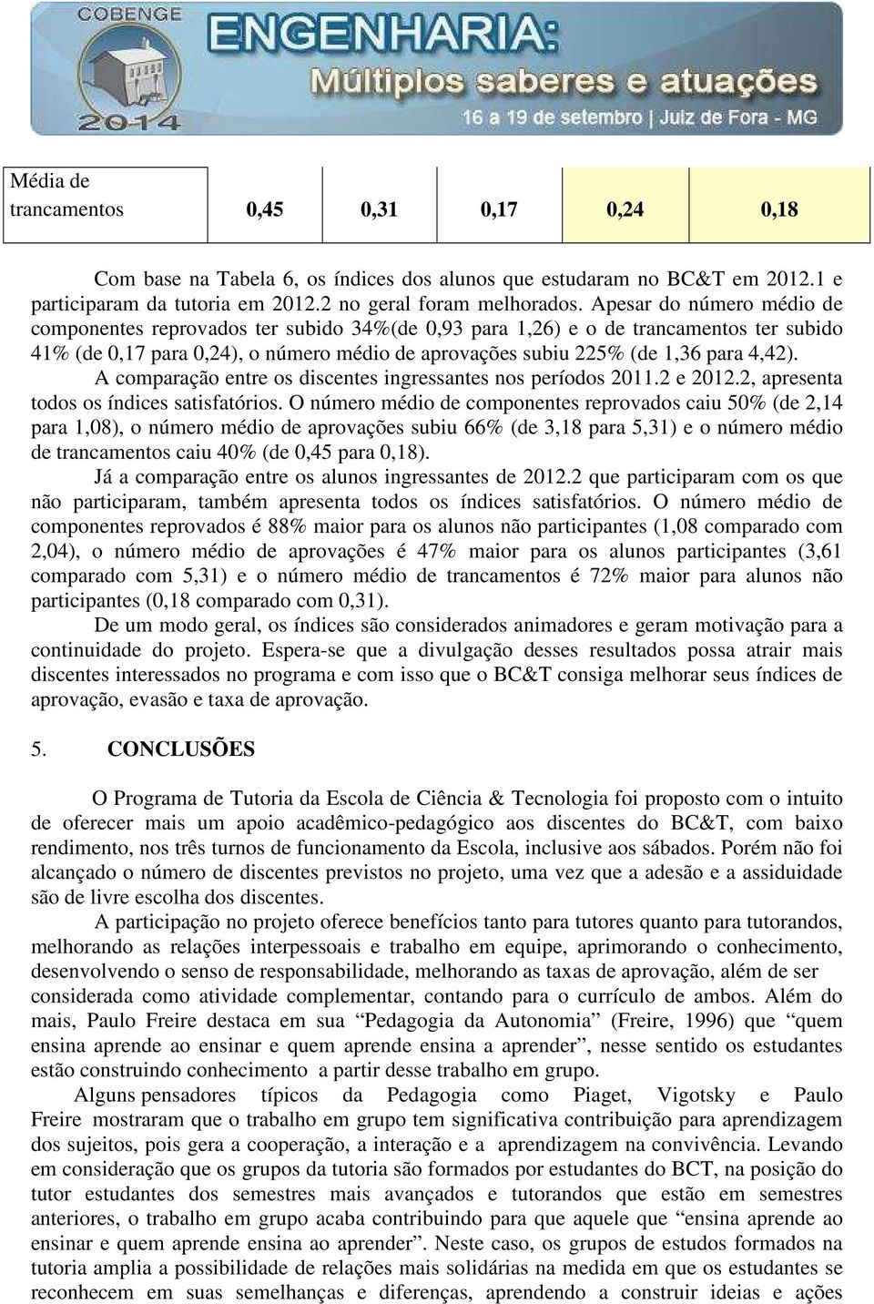 A comparação entre os discentes ingressantes nos períodos 2011.2 e 2012.2, apresenta todos os índices satisfatórios.