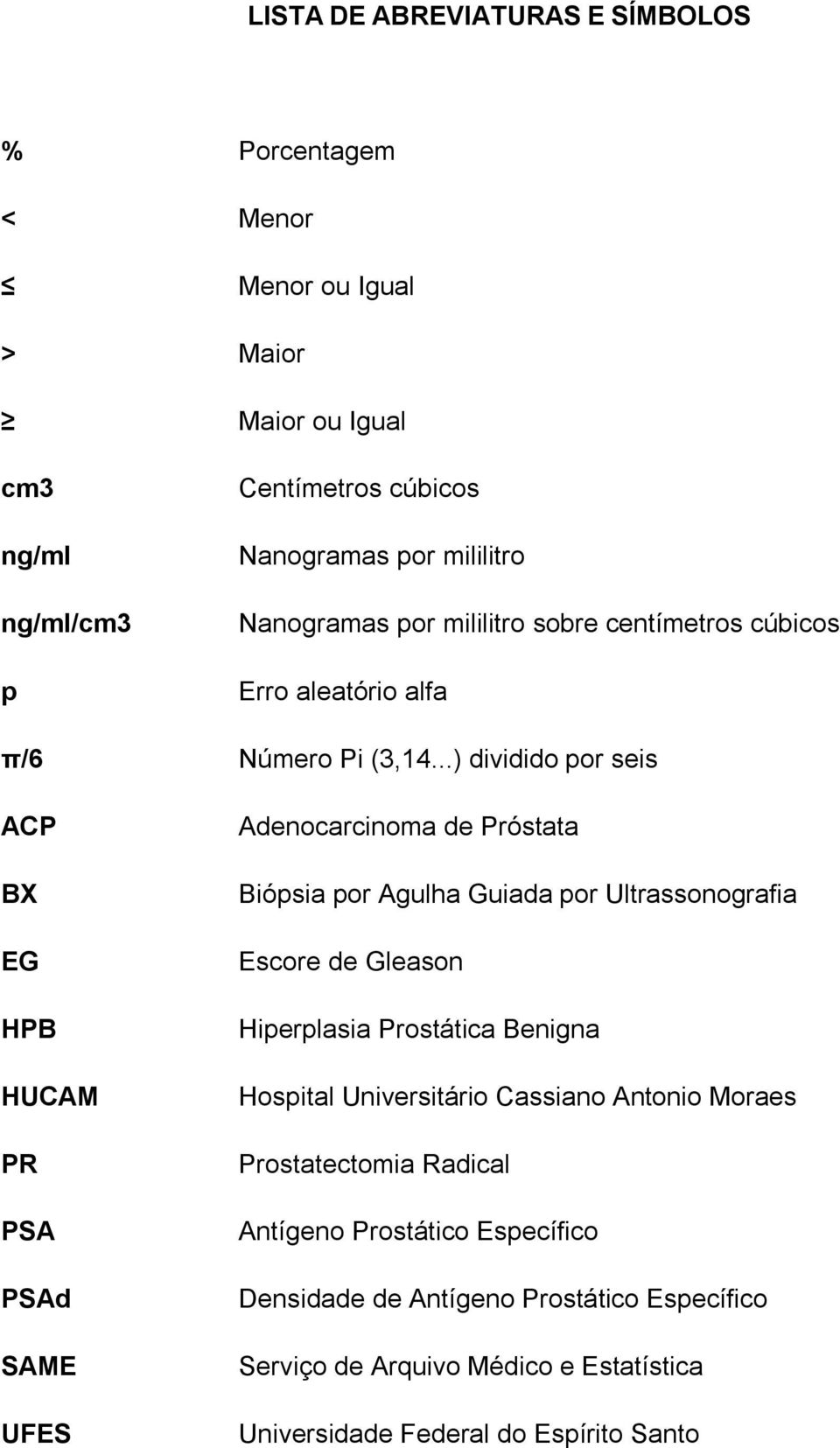 ..) dividido por seis ACP BX EG HPB HUCAM PR PSA PSAd SAME UFES Adenocarcinoma de Próstata Biópsia por Agulha Guiada por Ultrassonografia Escore de Gleason