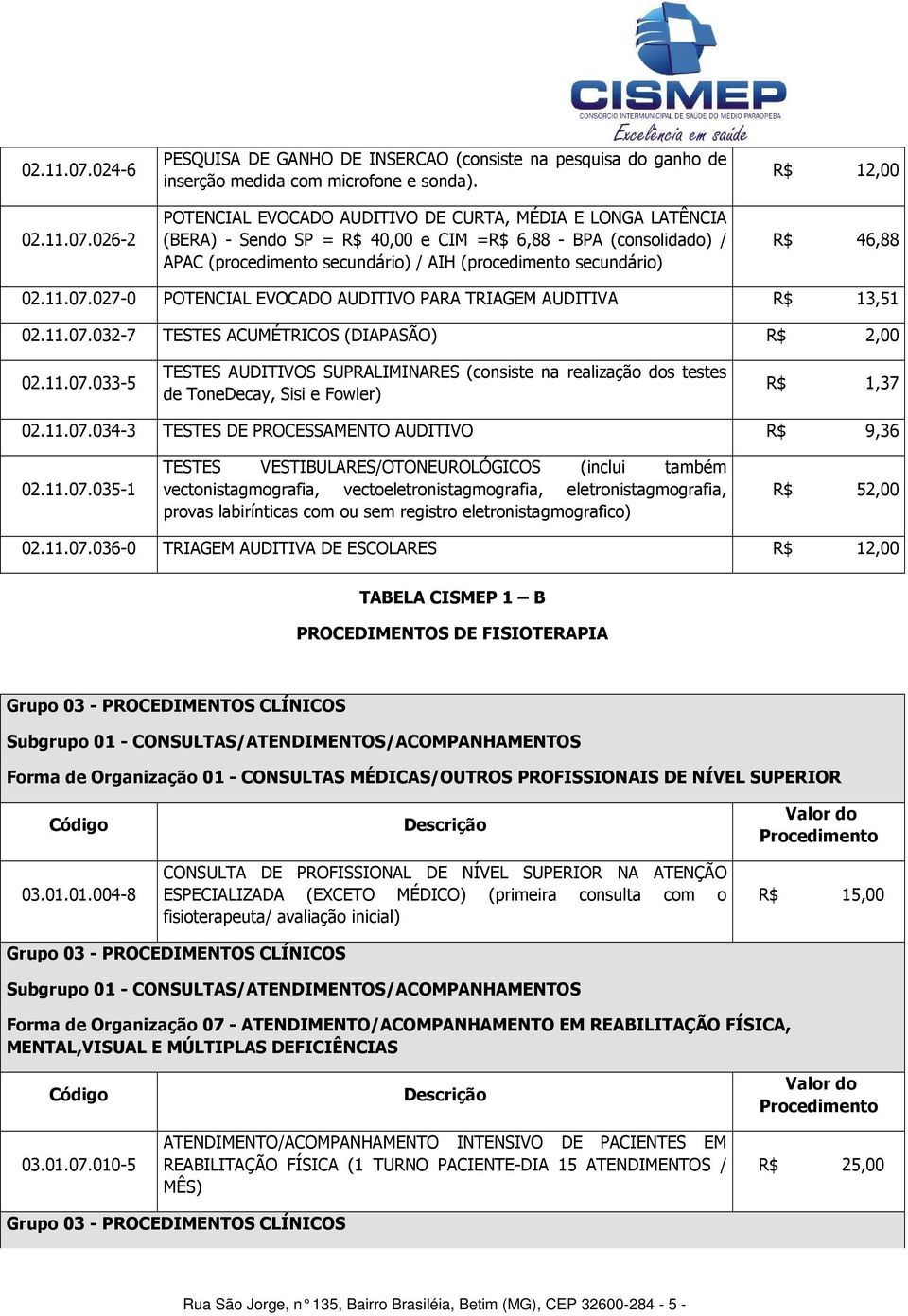 R$ 46,88 02.11.07.027-0 POTENCIAL EVOCADO AUDITIVO PARA TRIAGEM AUDITIVA R$ 13,51 02.11.07.032-7 TESTES ACUMÉTRICOS (DIAPASÃO) R$ 2,00 02.11.07.033-5 TESTES AUDITIVOS SUPRALIMINARES (consiste na realização dos testes de ToneDecay, Sisi e Fowler) R$ 1,37 02.