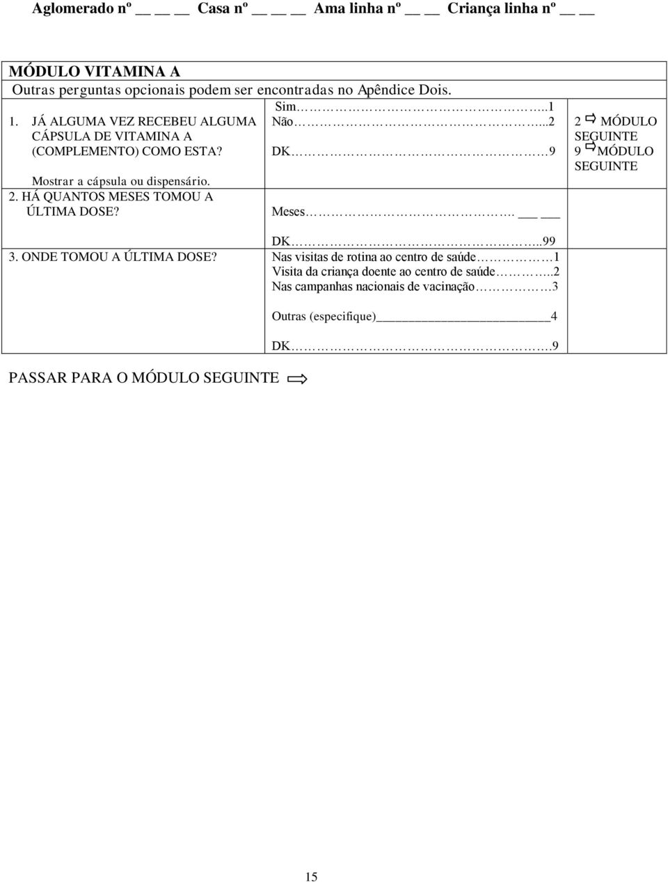 HÁ QUANTOS MESES TOMOU A ÚLTIMA DOSE? Sim..1 Não...2 DK 9 Meses. 2 MÓDULO 9 MÓDULO DK..99 3. ONDE TOMOU A ÚLTIMA DOSE?