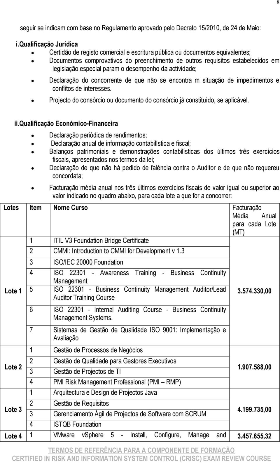 param o desempenho da actividade; Declaração do concorrente de que não se encontra m situação de impedimentos e conflitos de interesses.