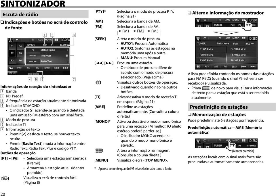 5 Modo de procura 6 Indicador TI 7 Informação de texto Premir [<] desloca o texto, se houver texto oculto. Premir [Radio Text] muda a informação entre Radio Text, Radio Text Plus e código PTY.