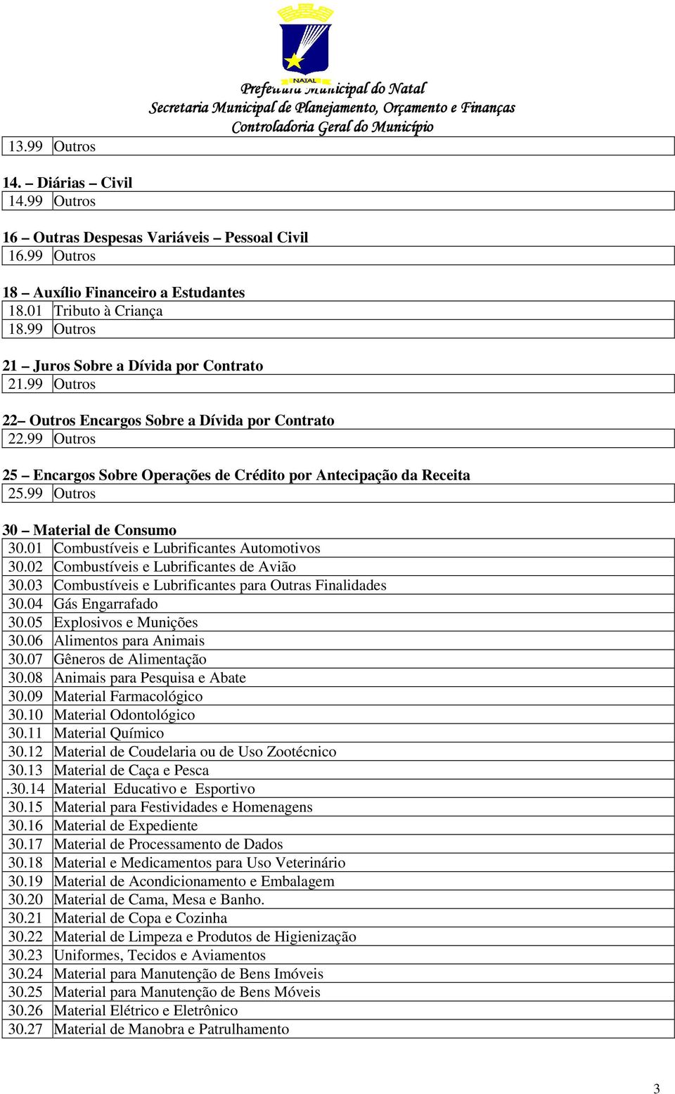 99 Outros 30 Material de Consumo 30.01 Combustíveis e Lubrificantes Automotivos 30.02 Combustíveis e Lubrificantes de Avião 30.03 Combustíveis e Lubrificantes para Outras Finalidades 30.