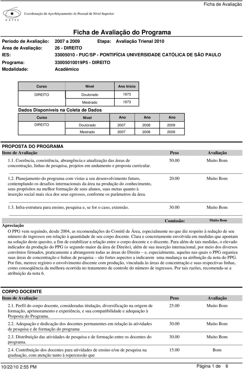 2008 2009 PROPOSTA DO PROGRAMA Itens de 1.1. Coerência, consistência, abrangência e atualização das áreas de concentração, linhas de pesquisa, projetos em andamento e proposta curricular. 50.00 1.2.