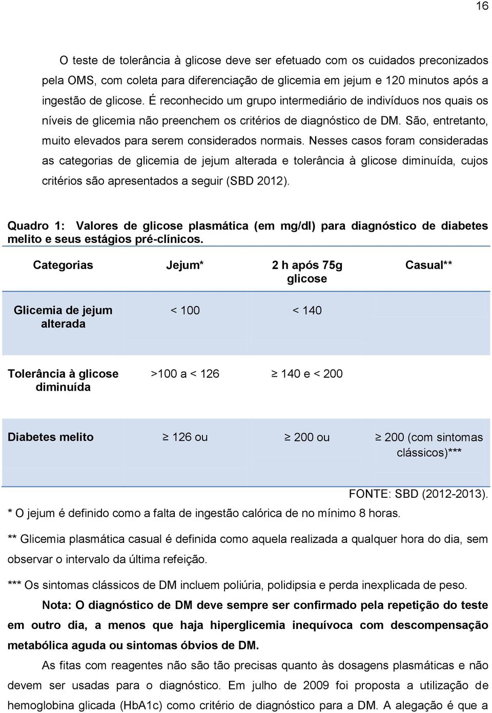 Nesses casos foram consideradas as categorias de glicemia de jejum alterada e tolerância à glicose diminuída, cujos critérios são apresentados a seguir (SBD 2012).