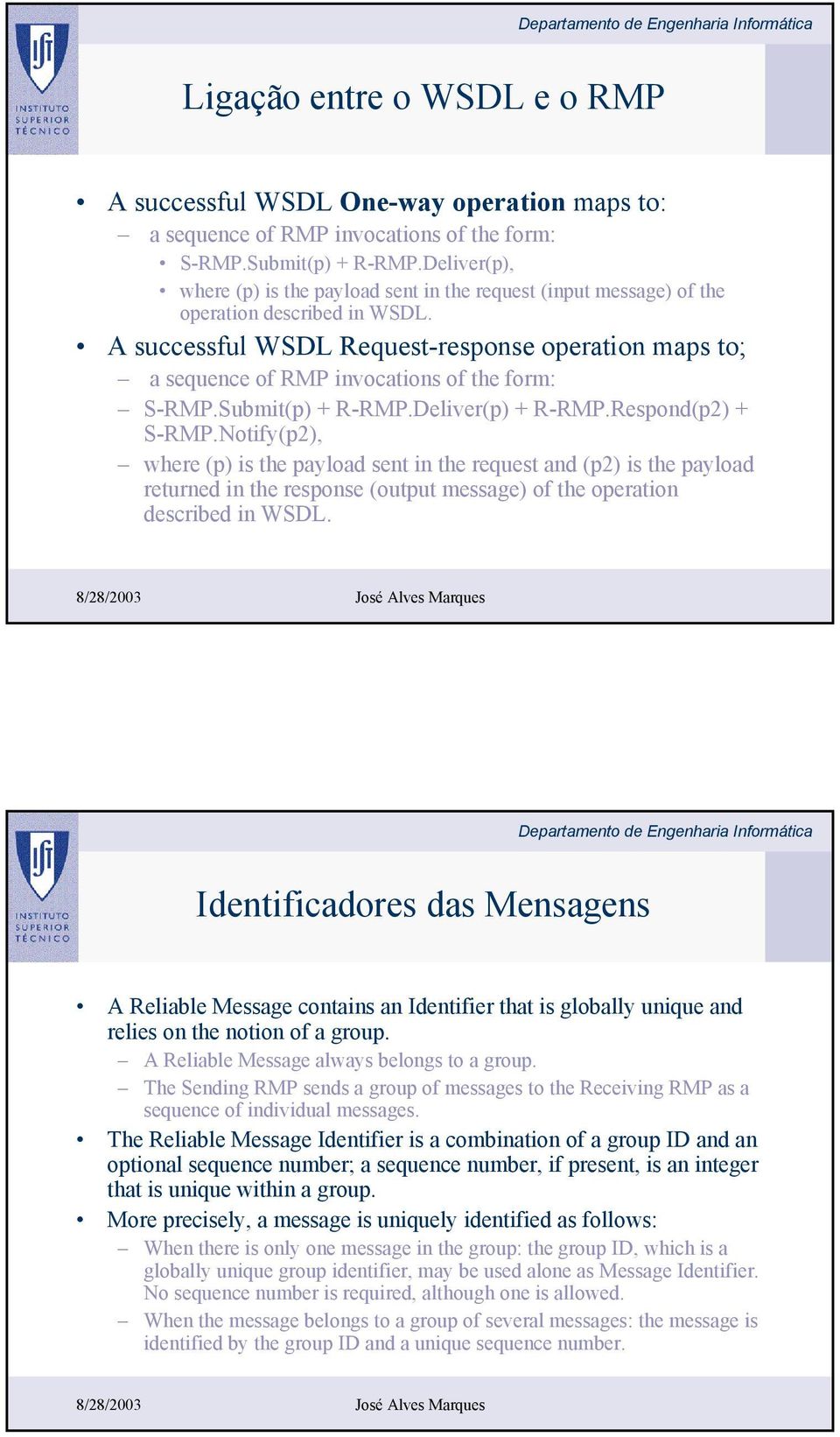 A successful WSDL Request-response operation maps to; a sequence of RMP invocations of the form: S-RMP.Submit(p) + R-RMP.Deliver(p) + R-RMP.Respond(p2) + S-RMP.