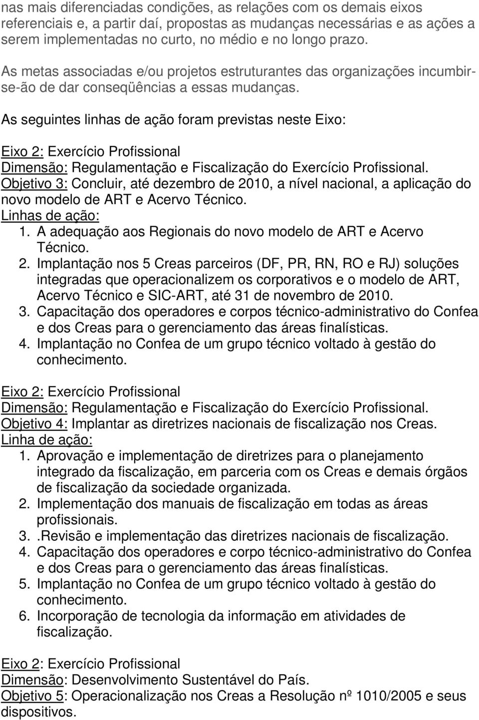 As seguintes linhas de ação foram previstas neste Eixo: Eixo 2: Exercício Profissional Dimensão: Regulamentação e Fiscalização do Exercício Profissional.