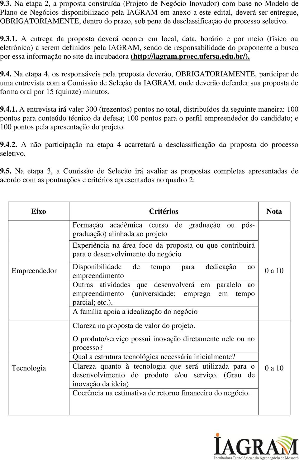 A entrega da proposta deverá ocorrer em local, data, horário e por meio (físico ou eletrônico) a serem definidos pela IAGRAM, sendo de responsabilidade do proponente a busca por essa informação no