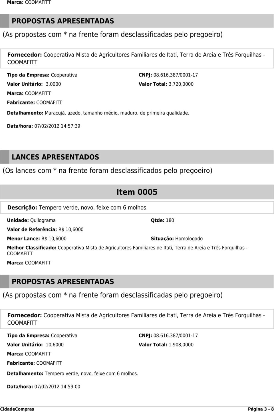 Data/hora: 07/02/2012 14:57:39 LANCES APRESENTADOS Item 0005 Descrição: Tempero verde, novo, feixe com 6 molhos.