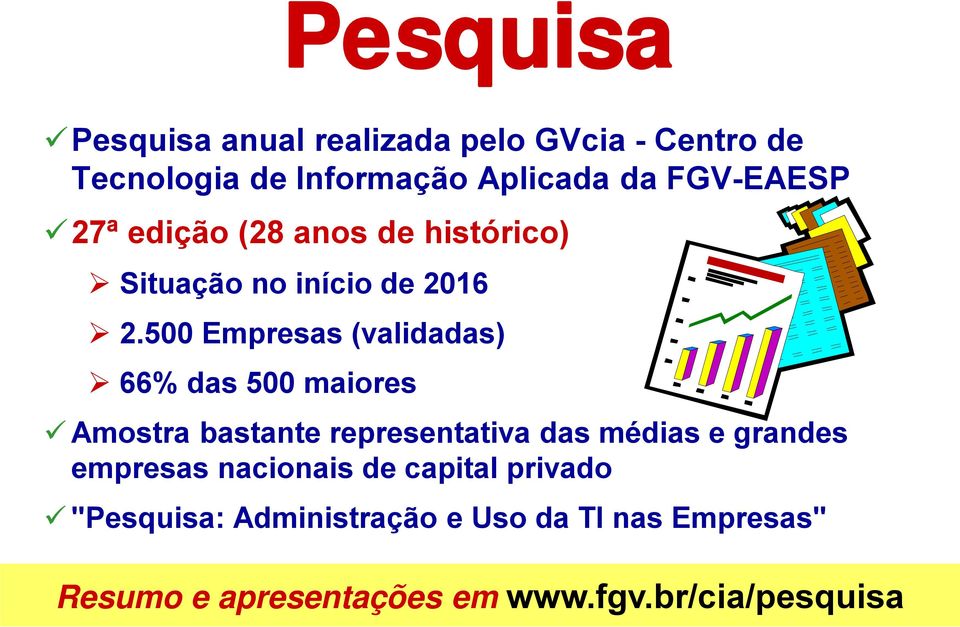 500 Empresas (validadas) 66% das 500 maiores Amostra bastante representativa das médias e grandes