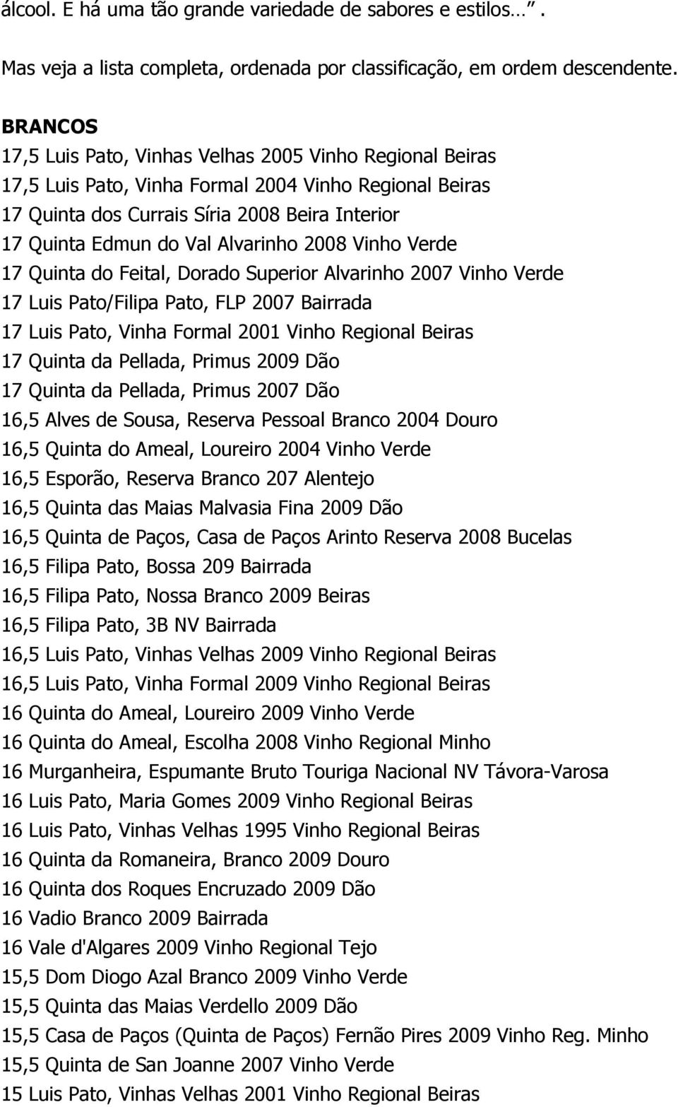 Alvarinho 2008 Vinho Verde 17 Quinta do Feital, Dorado Superior Alvarinho 2007 Vinho Verde 17 Luis Pato/Filipa Pato, FLP 2007 Bairrada 17 Luis Pato, Vinha Formal 2001 Vinho Regional Beiras 17 Quinta