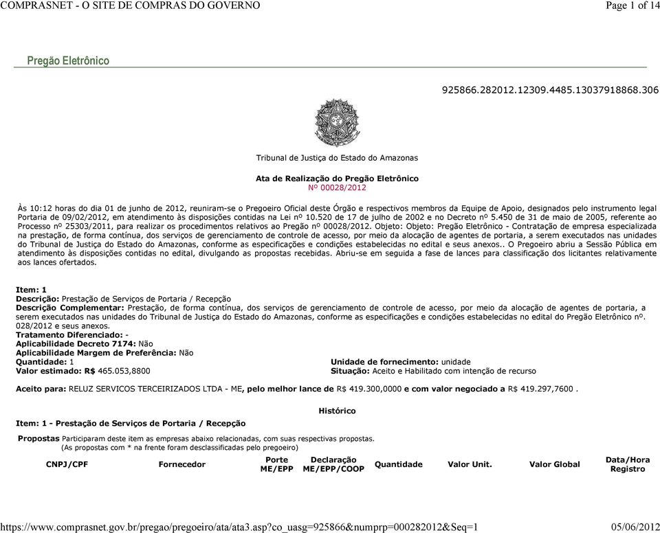 membros da Equipe de Apoio, designados pelo instrumento legal Portaria de 09/02/2012, em atendimento às disposições contidas na Lei nº 10.520 de 17 de julho de 2002 e no Decreto nº 5.