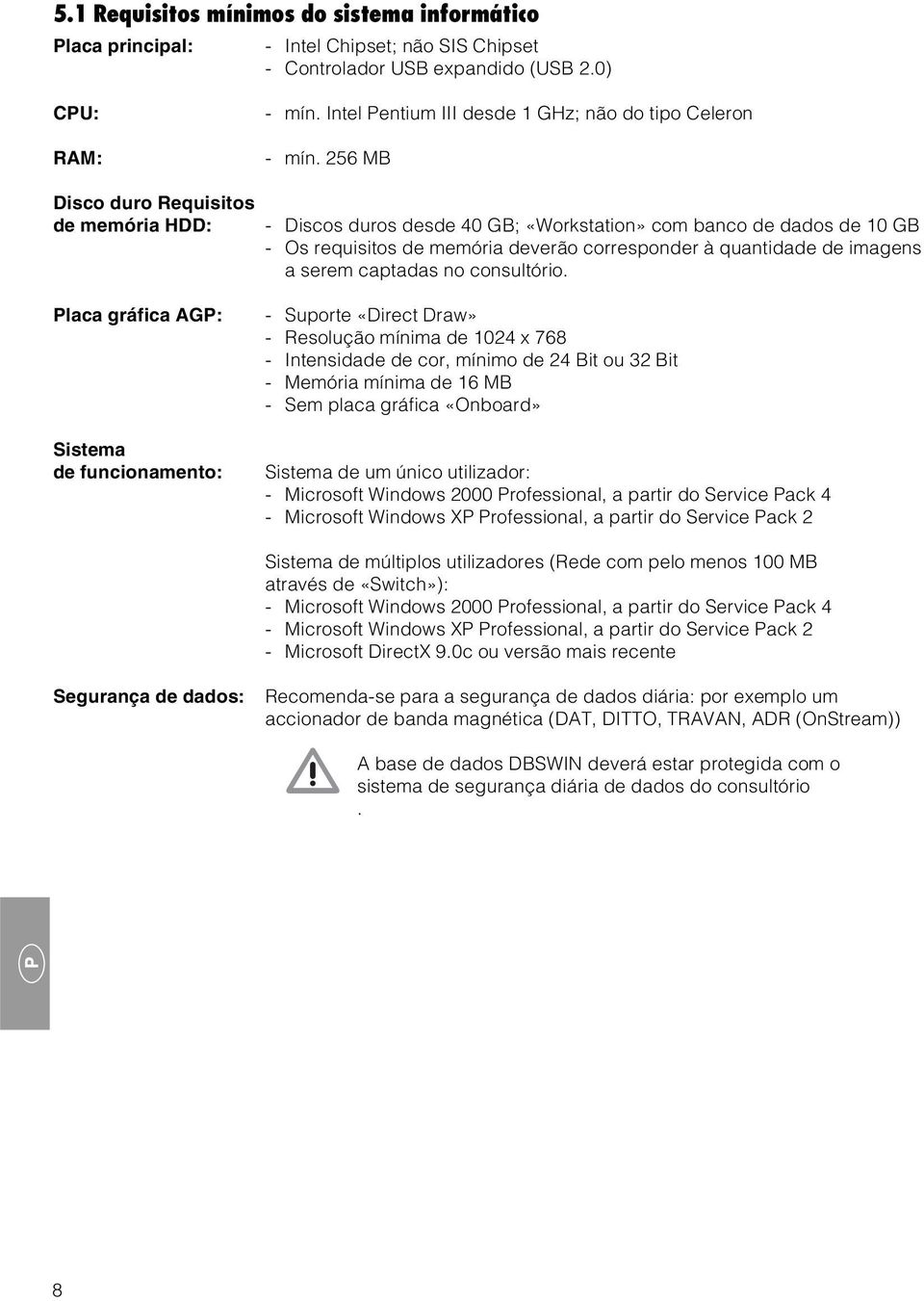 256 MB Disco duro Requisitos de memória HDD: - Discos duros desde 40 GB; «Workstation» com banco de dados de 10 GB - Os requisitos de memória deverão corresponder à quantidade de imagens a serem