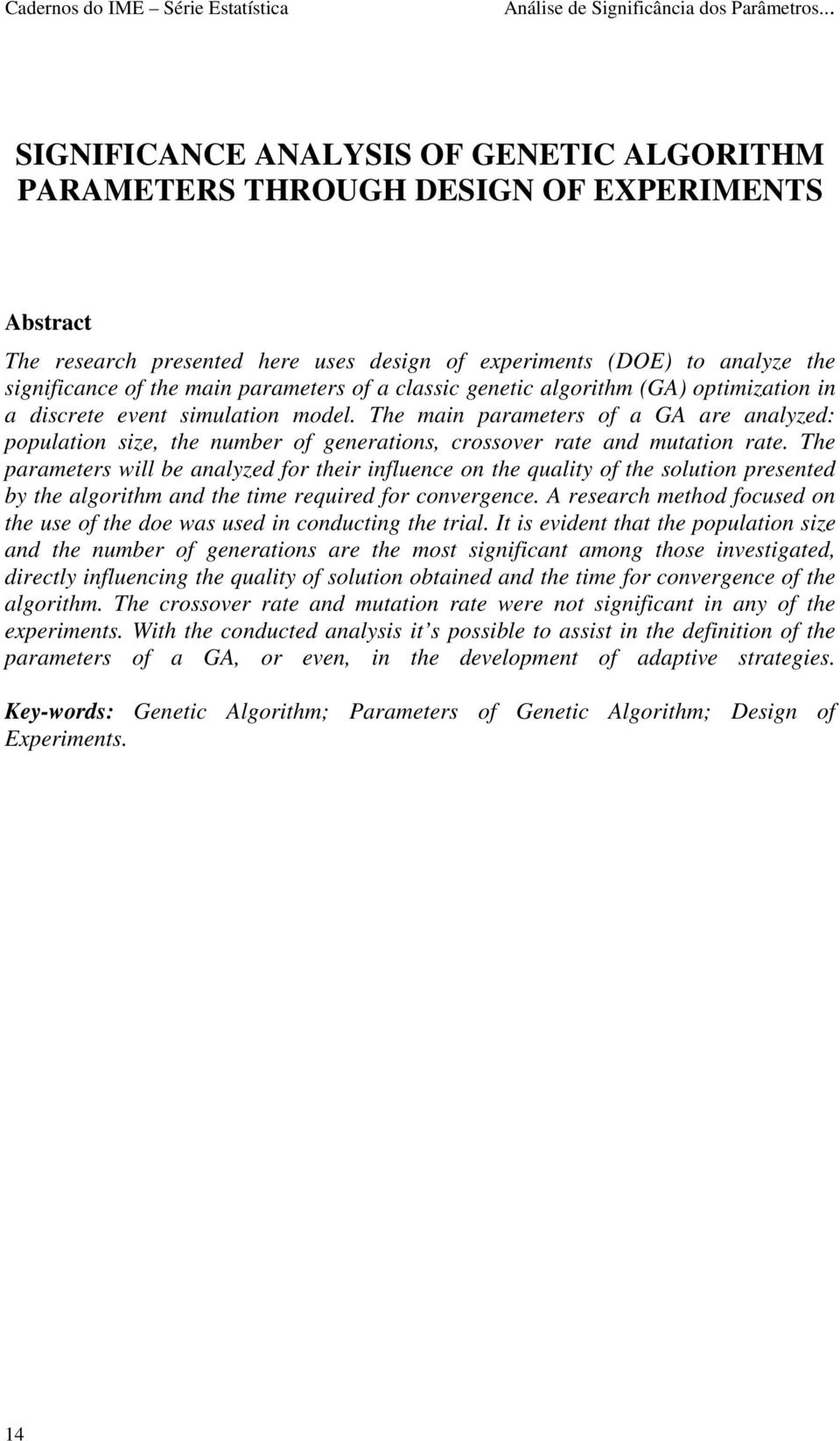 parameters of a classic genetic algorithm (GA) optimization in a discrete event simulation model.