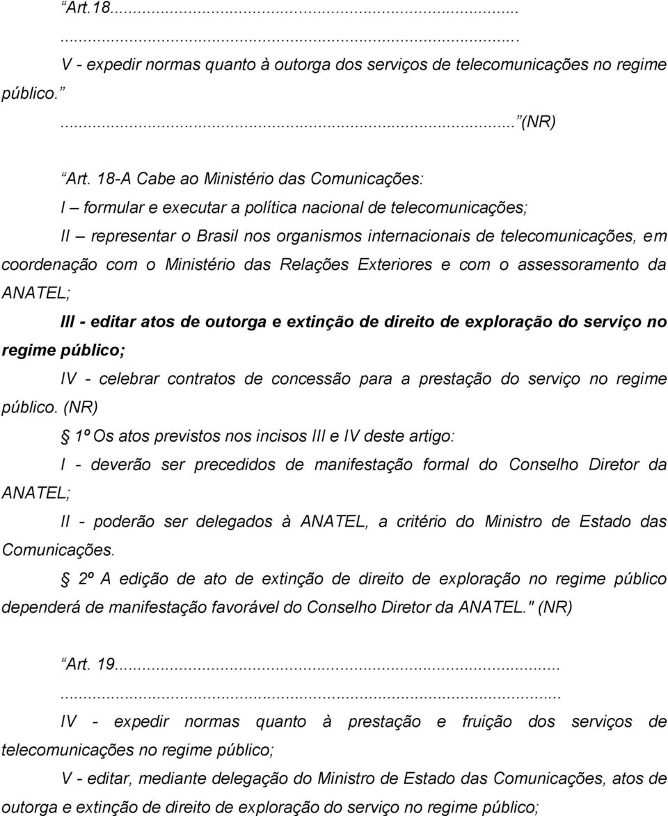 o Ministério das Relações Exteriores e com o assessoramento da ANATEL; III - editar atos de outorga e extinção de direito de exploração do serviço no regime público; IV - celebrar contratos de