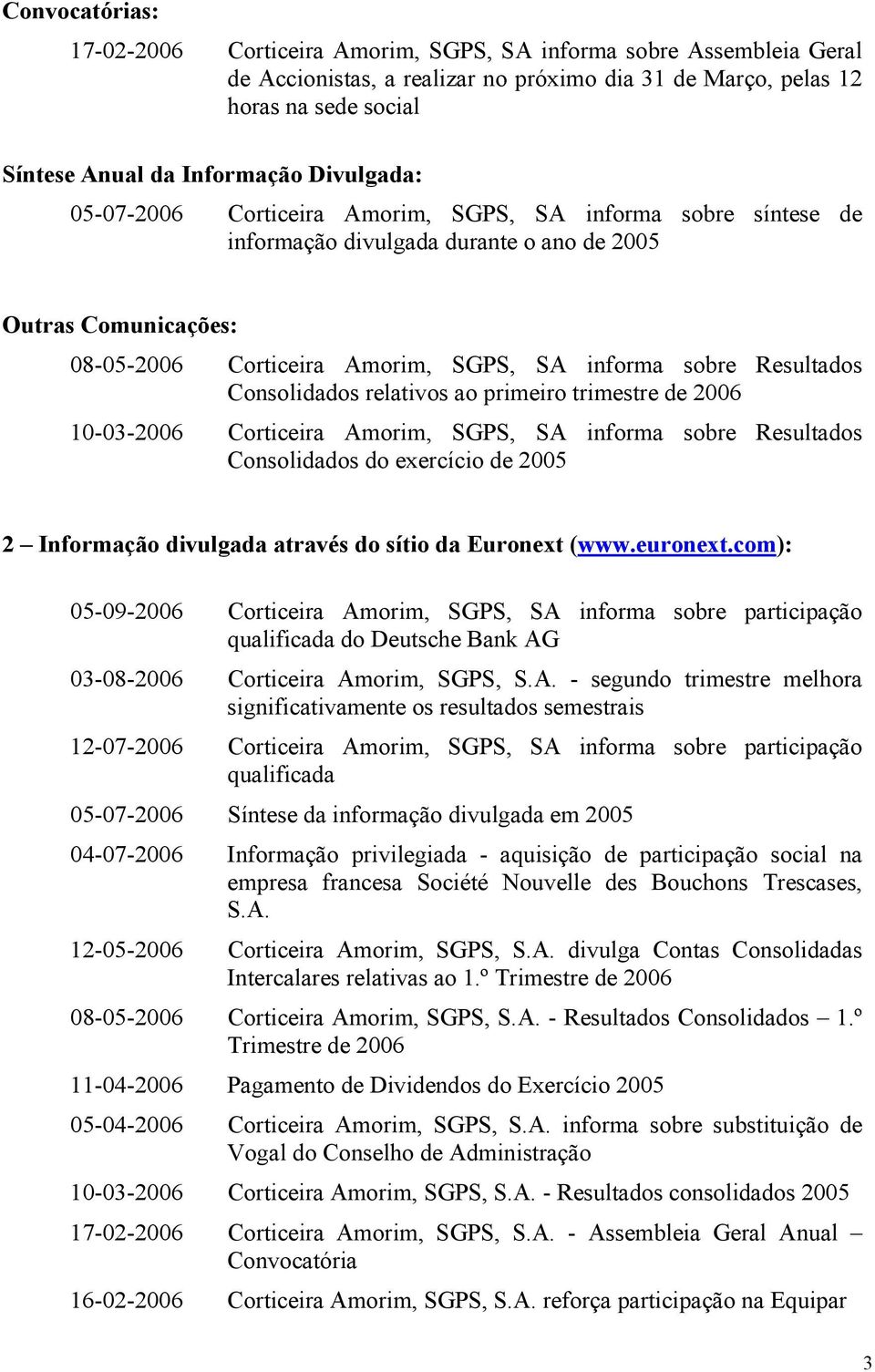 Resultados Consolidados relativos ao primeiro trimestre de 2006 10-03-2006 Corticeira Amorim, SGPS, SA informa sobre Resultados Consolidados do exercício de 2005 2 Informação divulgada através do