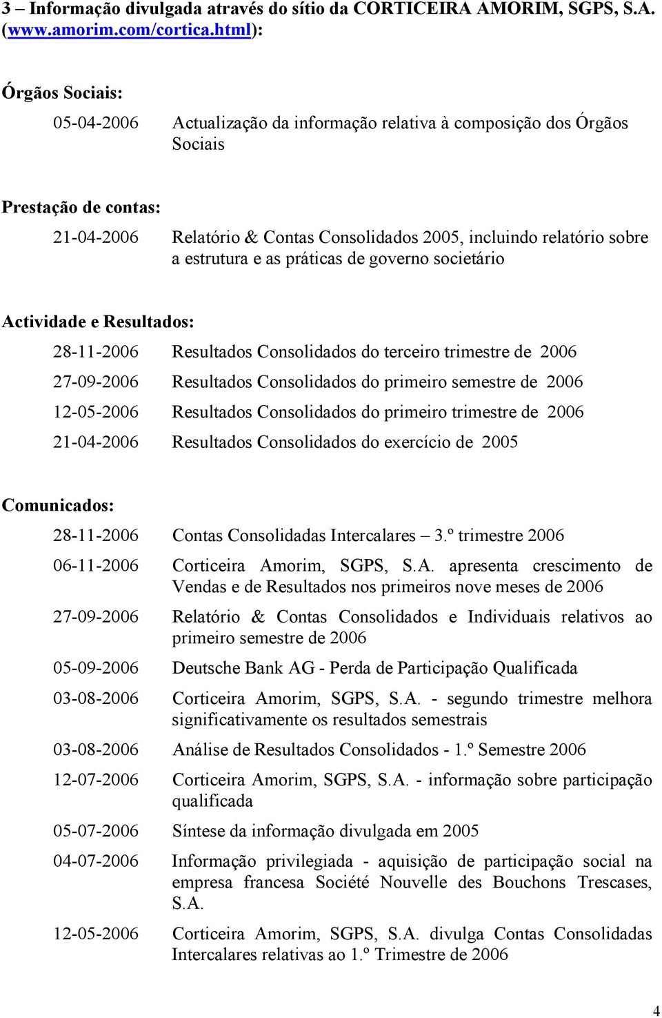 estrutura e as práticas de governo societário Actividade e Resultados: 28-11-2006 Resultados Consolidados do terceiro trimestre de 2006 27-09-2006 Resultados Consolidados do primeiro semestre de 2006