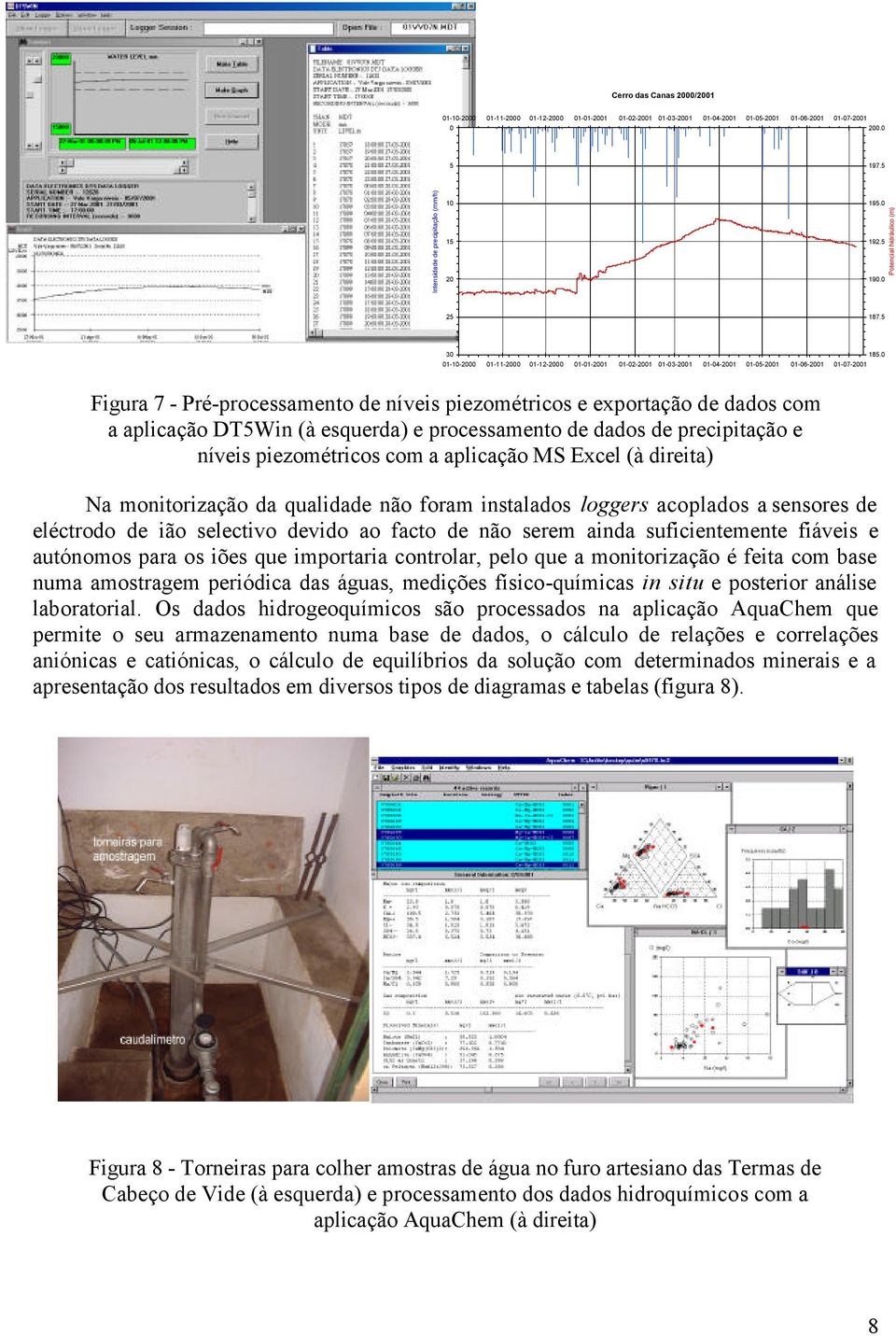 0 Figura 7 - Pré-processamento de níveis piezométricos e exportação de dados com a aplicação DT5Win (à esquerda) e processamento de dados de precipitação e níveis piezométricos com a aplicação MS