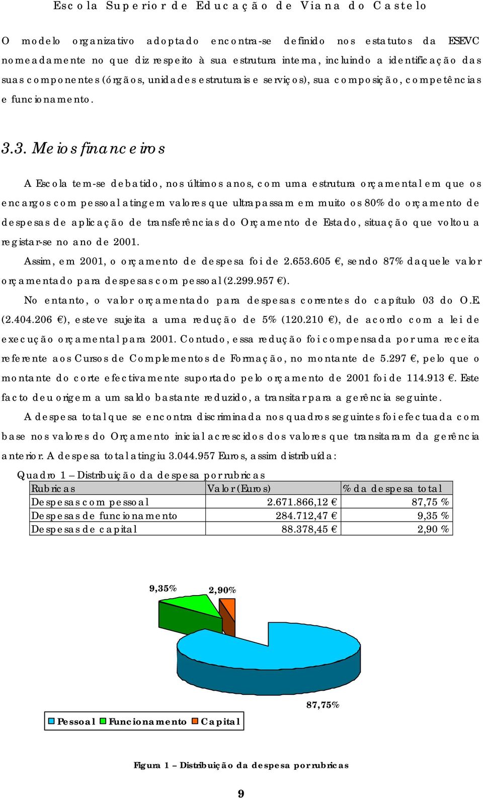 3. Meios financeiros A Escola tem-se debatido, nos últimos anos, com uma estrutura orçamental em que os encargos com pessoal atingem valores que ultrapassam em muito os 80% do orçamento de despesas