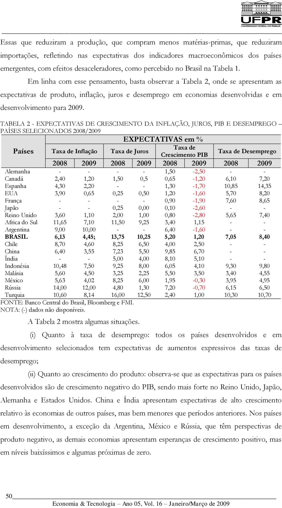 Em linha com esse pensamento, basta observar a Tabela 2, onde se apresentam as expectativas de produto, inflação, juros e desemprego em economias desenvolvidas e em desenvolvimento para 2009.